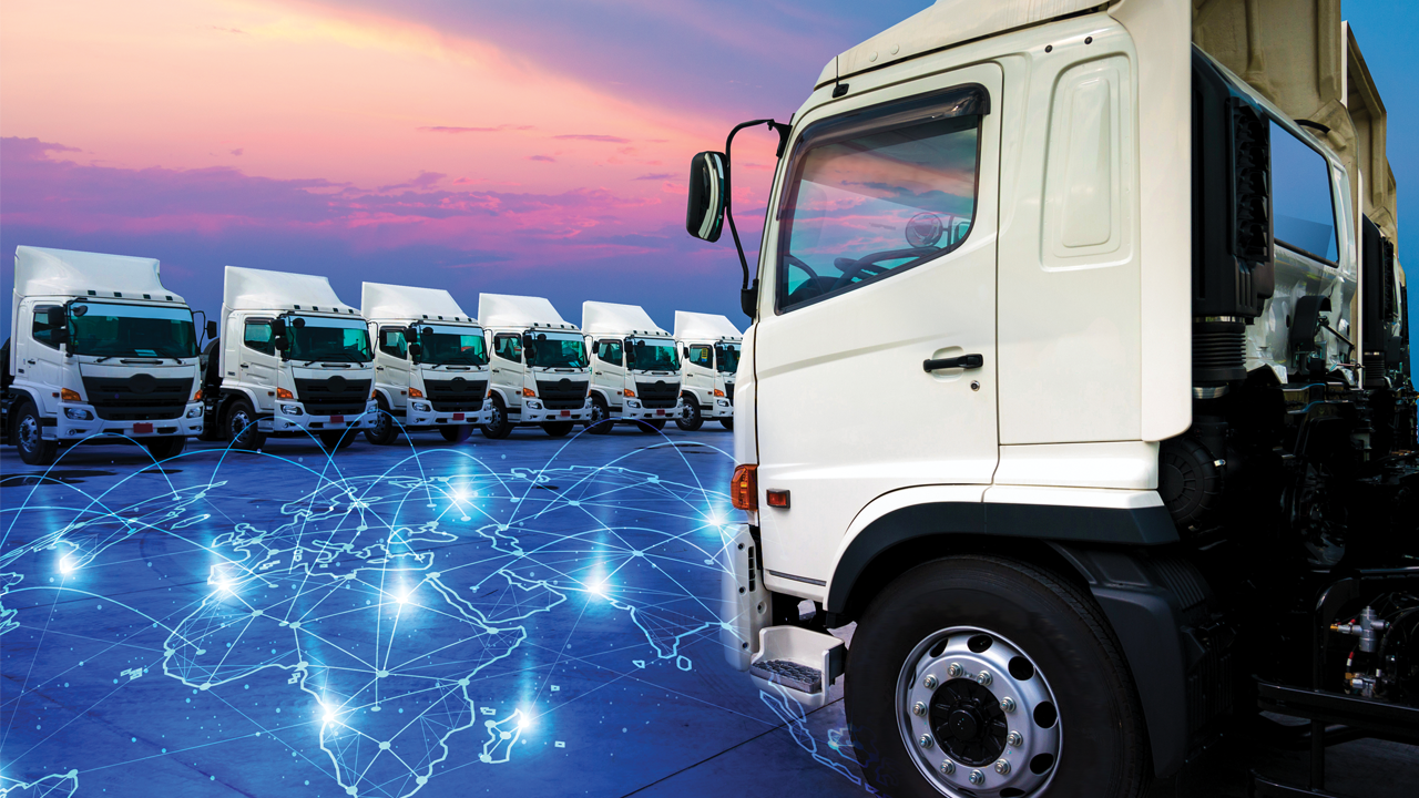 Fleet of white trucks lined up at sunset